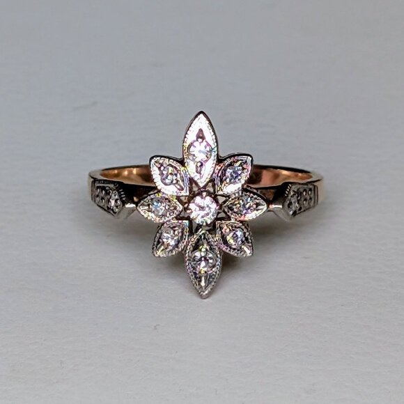 Antique Vintage Russian USSR Solid 14K Rose Pink White Gold Diamond Cluster Ring - Picture 2 of 15